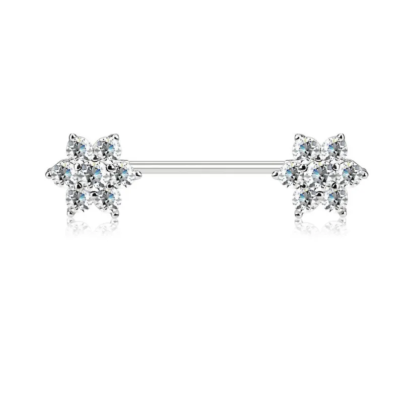 Piercing téton double fleurs gemmes blancs