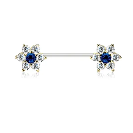 Piercing téton double fleurs gemmes blancs plaqué or