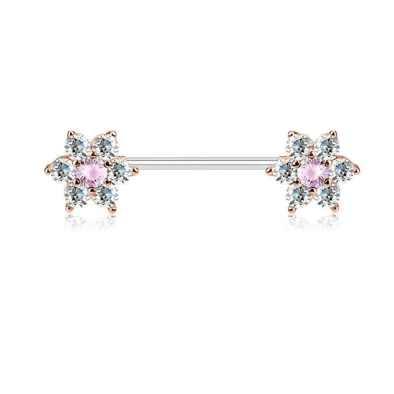 Piercing téton double fleurs gemmes blancs plaqué or rose