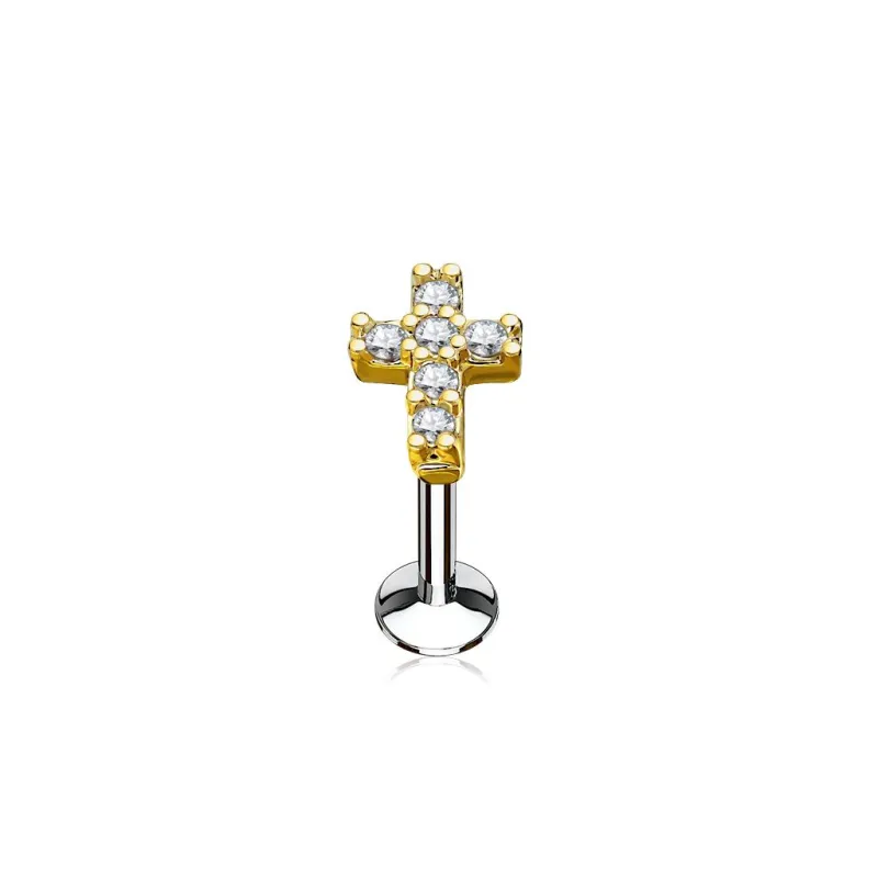 Piercing oreille labret lèvre croix dorée pavée