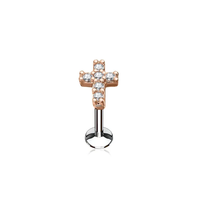 Piercing oreille labret lèvre croix or rose pavée