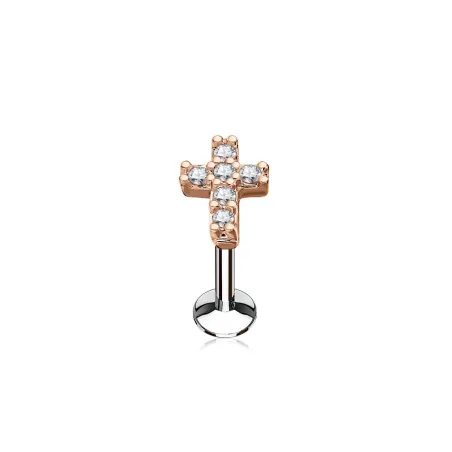 Piercing labret lèvre croix or rose pavée