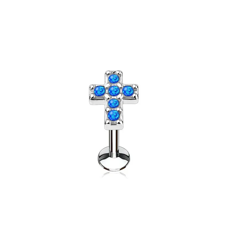 Piercing oreille labret lèvre croix pavée opale bleue