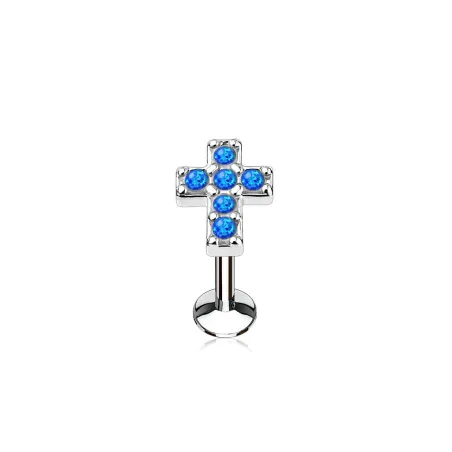 Piercing labret lèvre croix pavée opale bleue