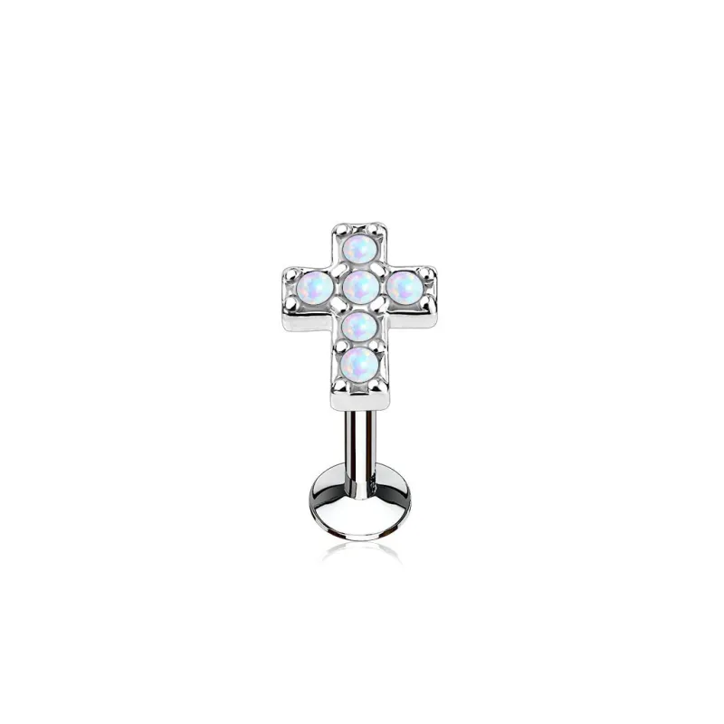 Piercing oreille labret lèvre croix pavée opale blanche