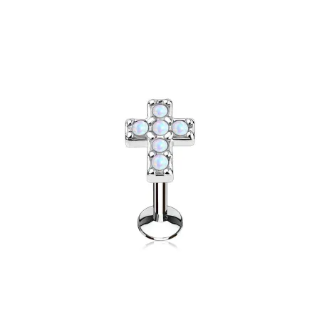 Piercing labret lèvre croix pavée opale blanche