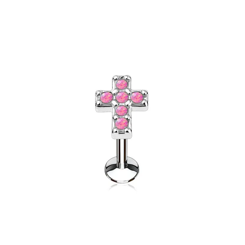 Piercing oreille labret lèvre croix pavée opale rose