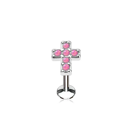 Piercing labret lèvre croix pavée opale rose