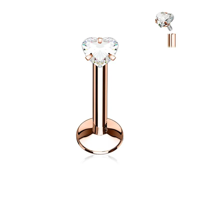 Piercing oreille Labret acier Gemme en forme de Coeur Or Rose