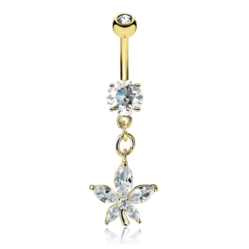 Piercing nombril plaqué or pendentif fleur pétales marquise