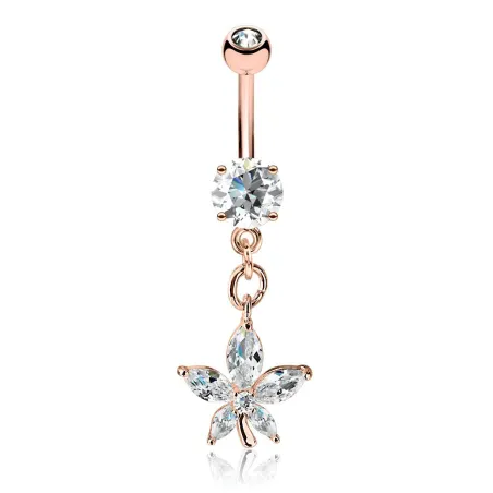 Piercing nombril plaqué or rose pendentif fleur pétales marquise