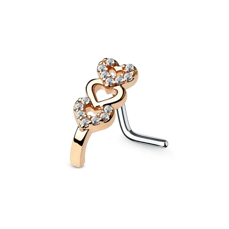 Piercing nez tige en L or rose courbé triple coeur