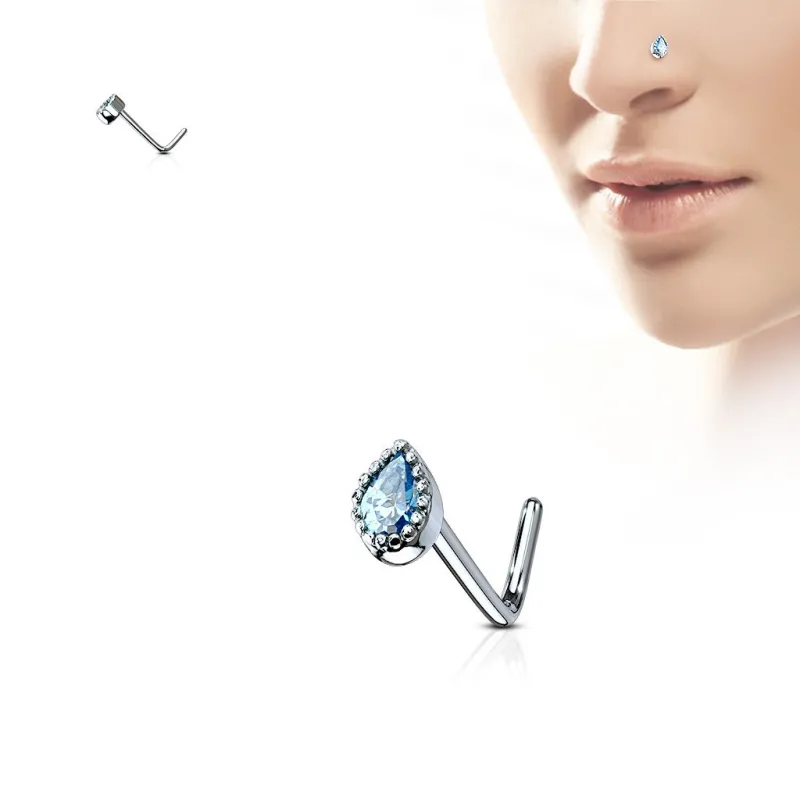 Piercing nez tige en L gemme larme turquoise