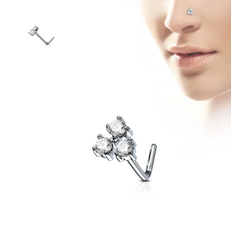 Piercing nez tige en L triple gemmes blancs triangle