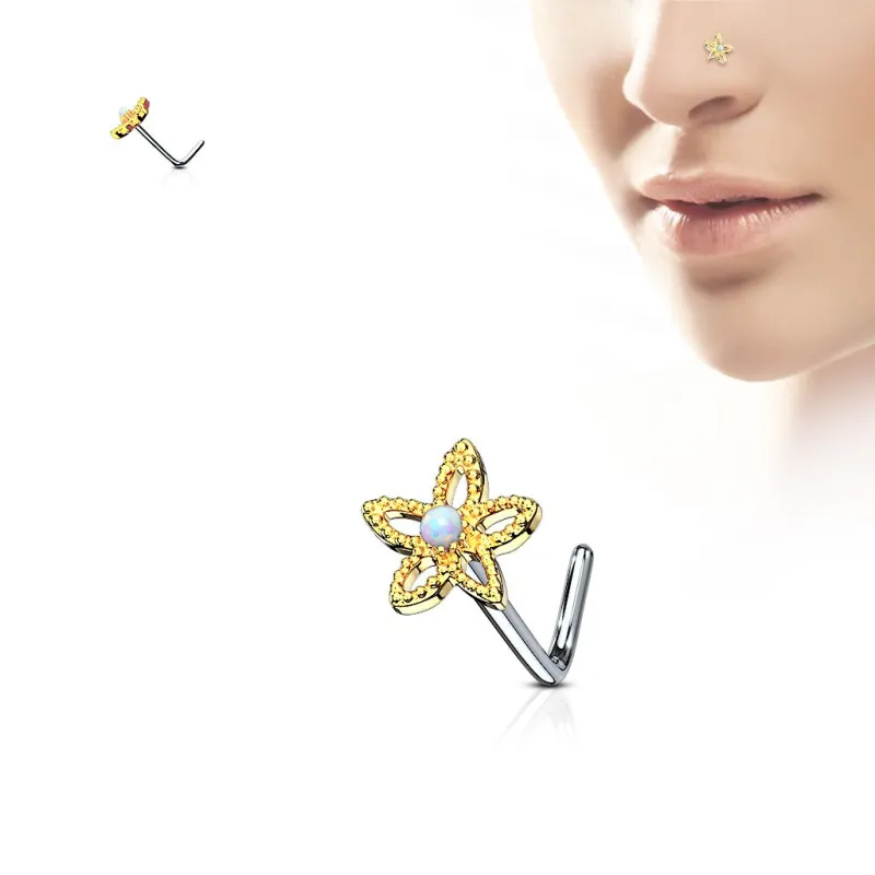 Piercing nez tige en L fleur dorée opale