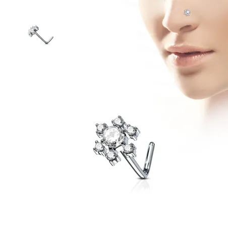 Piercing nez tige en L fleur pierre blanche