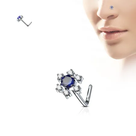 Piercing nez tige en L fleur pierre bleue