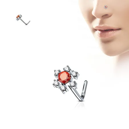 Piercing nez tige en L fleur pierre rouge