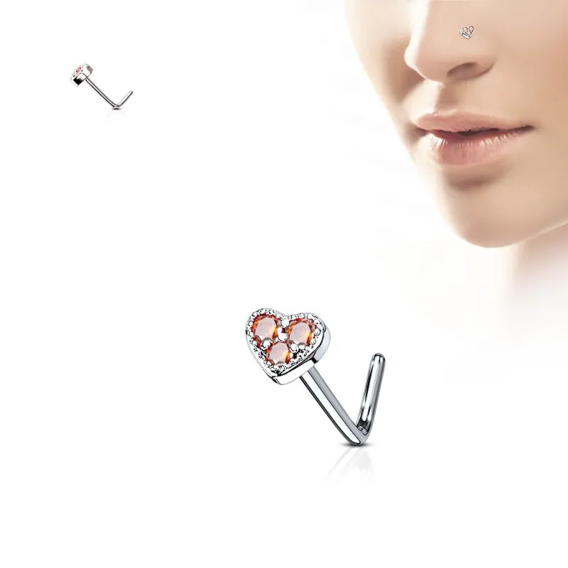 Piercing nez tige en L coeur trois strass rouge