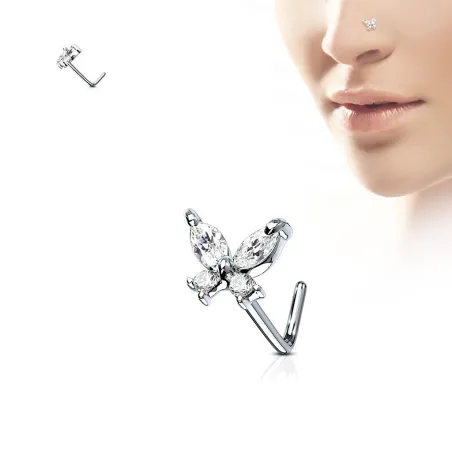 Piercing nez tige en L papillon gemmes blancs