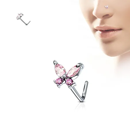 Piercing nez tige en L papillon gemmes roses