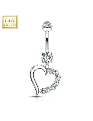 Piercing nombril Or blanc 14 carats Coeur Gemmes