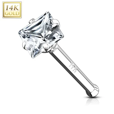 Piercing nez tige droite Or blanc 14 carats gemme carré