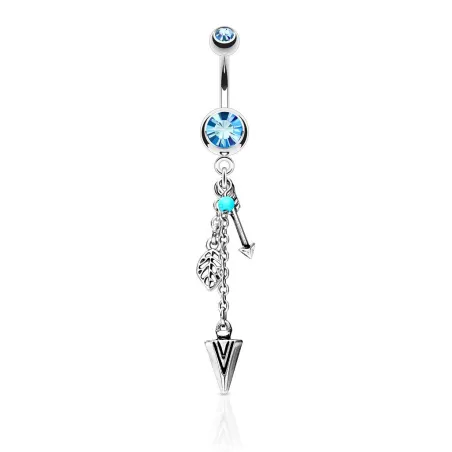 Piercing nombril pendentif tribal plume et flèche turquoise