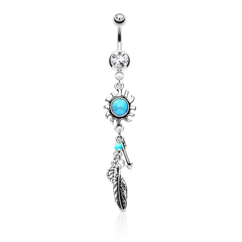 Piercing nombril pendentif soleil trial plume et flèche