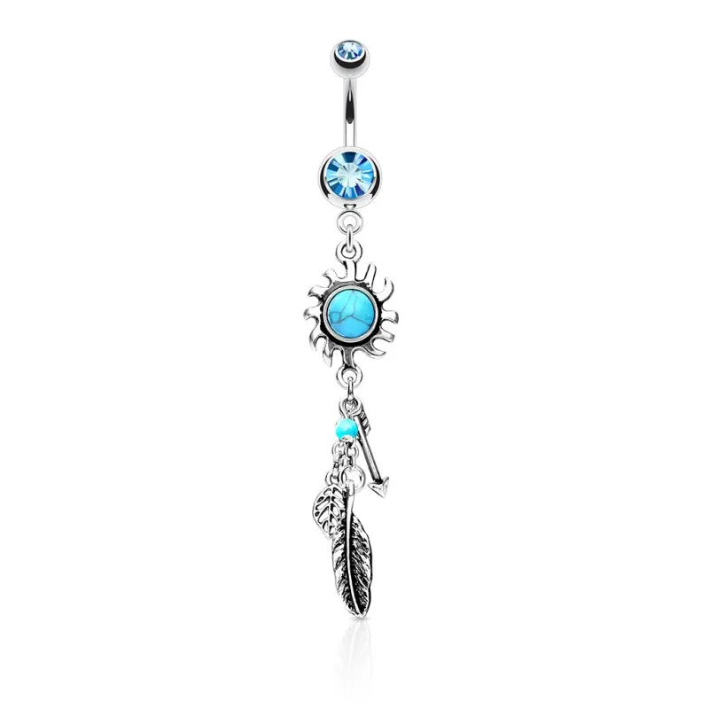 Piercing nombril pendentif soleil trial plume et flèche turquoise