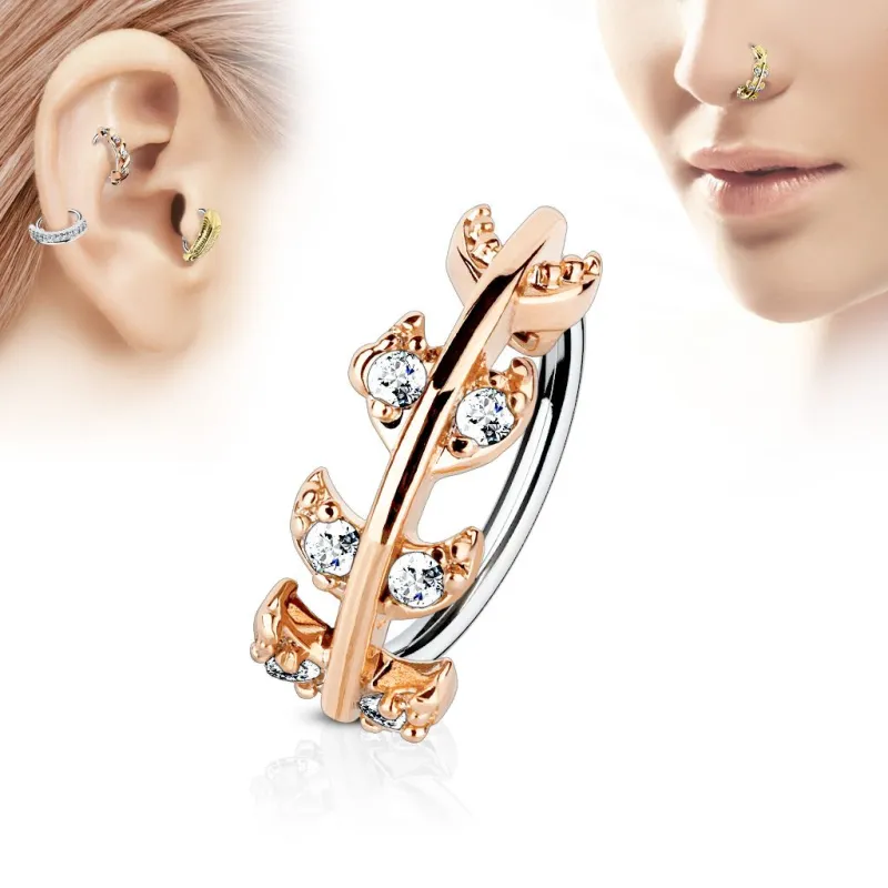 Piercing oreille nez anneau vigne or rose pavée de strass