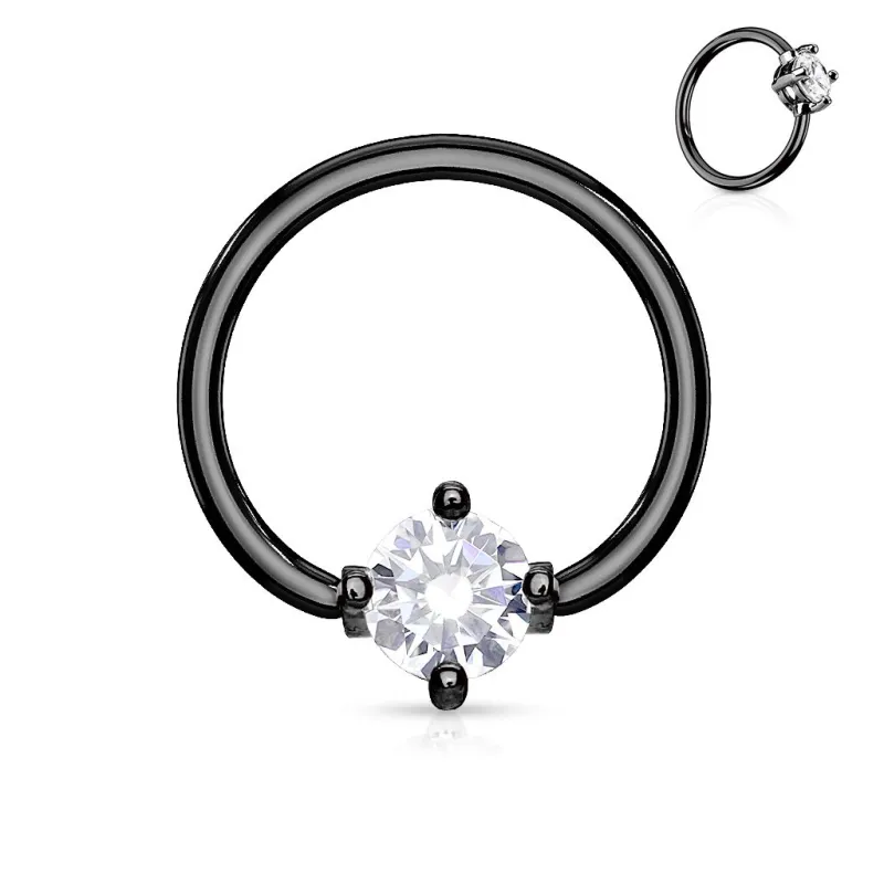 Piercing oreille teton anneau captif noir pierre ronde blanche