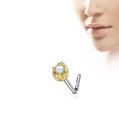 Piercing nez tige en L gemme larme dorée opale blanche