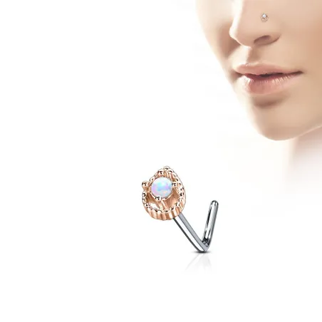 Piercing nez tige en L larme or rose opale blanche