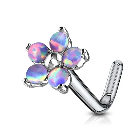 Piercing nez tige en L fleur 5 opales violettes