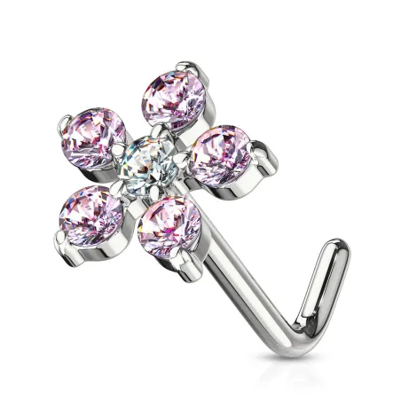 Piercing nez tige en L fleur 6 gemmes roses