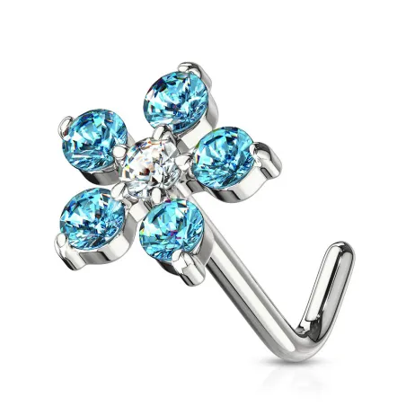 Piercing nez tige en L fleur 6 gemmes turquoises