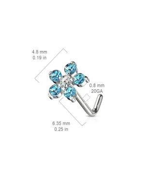 Piercing nez tige en L fleur 6 gemmes turquoises