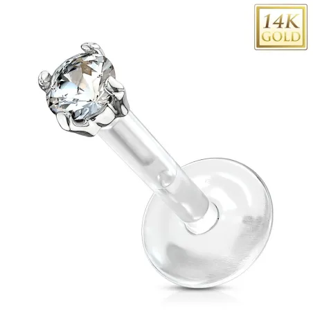 Piercing labret Bioplast et Or Blanc 14K véritable avec GEM