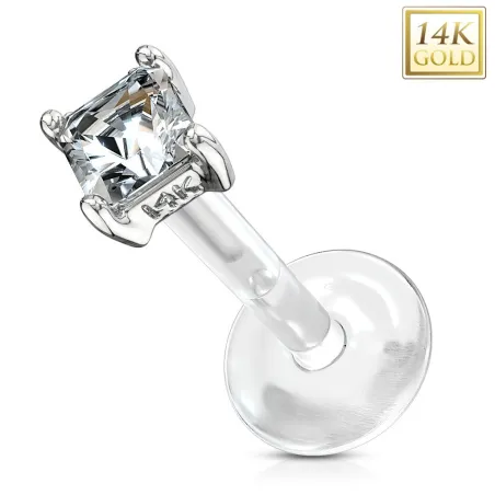 Piercing labret Bioplast et Or Blanc 14K Gemme Carré