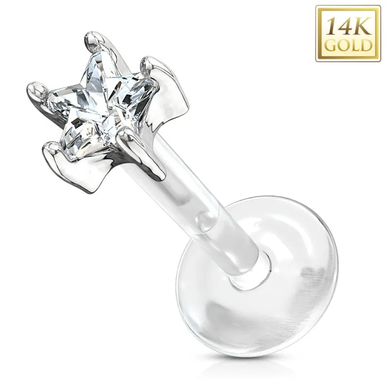 Piercing oreille labret Bioplast et Or Blanc 14K Gemme Etoile