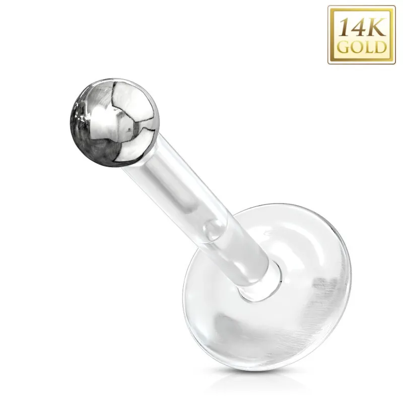 Piercing oreille labret Bioplast + Boule Or blanc 14K véritable