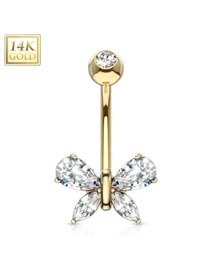 Piercing nombril Or jaune 14 carats papillon pierre blanche