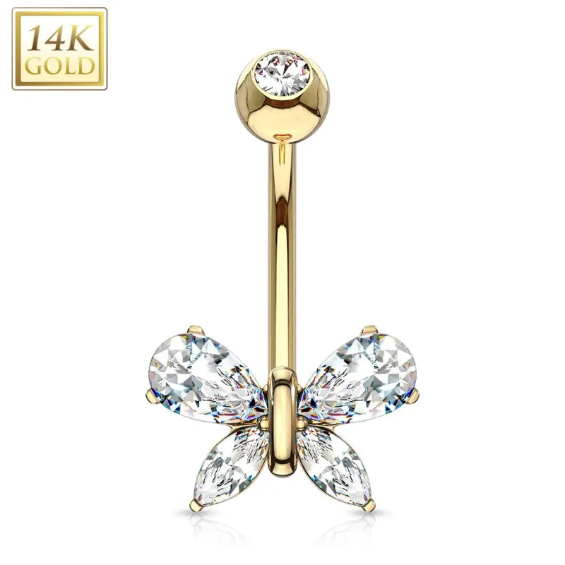 Piercing nombril Or jaune 14 carats papillon gemme blanc