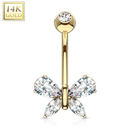 Piercing nombril Or jaune 14 carats papillon pierre blanche