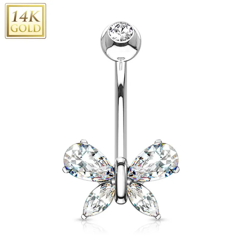 Piercing nombril Or blanc 14 carats papillon gemme blanc