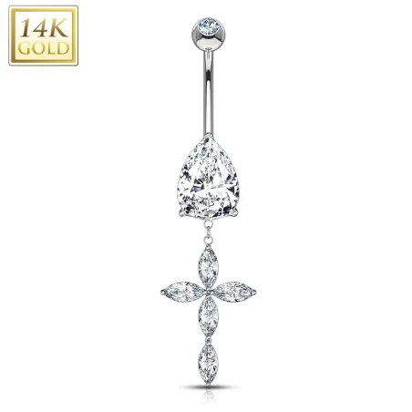 Piercing nombril Or blanc 14 carats croix