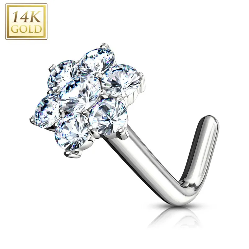 Piercing nez Or blanc 14 carats fleur 7 gemmes