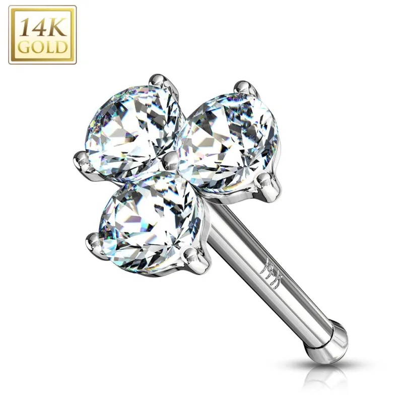 Piercing nez Or blanc 14 carats trois gemmes blancs