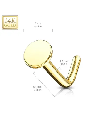 Piercing nez Or jaune 14 carats tige L disque plat